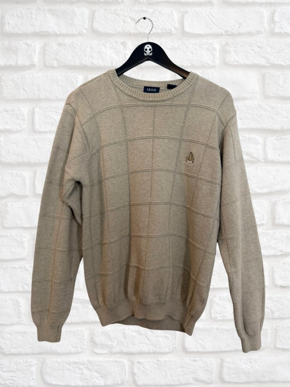 Vintage IZOD Men's Medium Beige Tan Windowpane Grid Knit Crewneck Sweater Israel